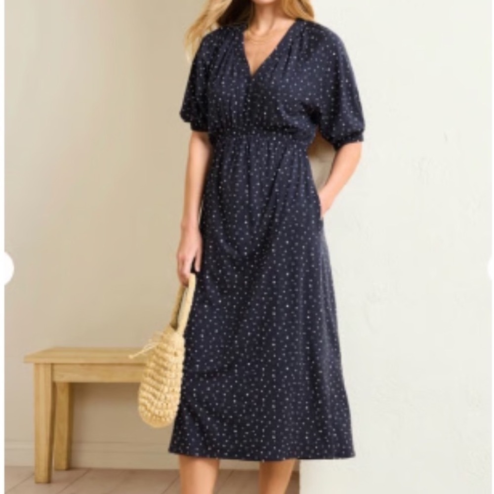 Garnet Hill Midi Dress Juno Knit M Navy Blue Polka Dot TENCEL Lyocell Pockets
